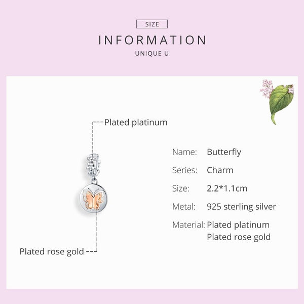 Butterfly Platinum Rose Gold Plated Sterling Silver Bead Charm Bracelet Necklace