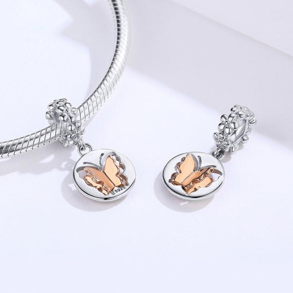 Butterfly Platinum Rose Gold Plated Sterling Silver Bead Charm Bracelet Necklace