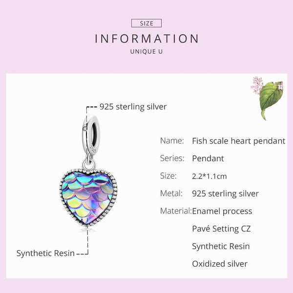 Mermaid Fish Scale Heart Sterling Silver Crystal Zircon Resin Charm Bracelet Necklace