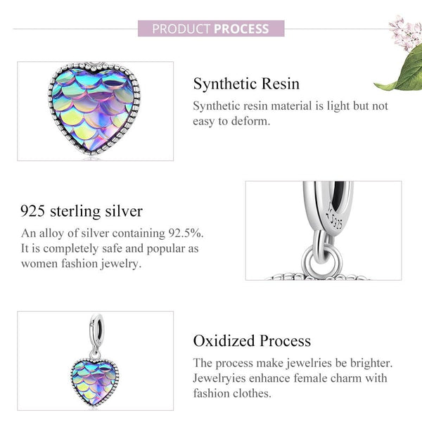 Mermaid Fish Scale Heart Sterling Silver Crystal Zircon Resin Charm Bracelet Necklace