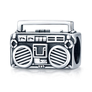 Retro Look Radio Tape Recorder Sterling Silver Bead Charm Bracelet Necklace