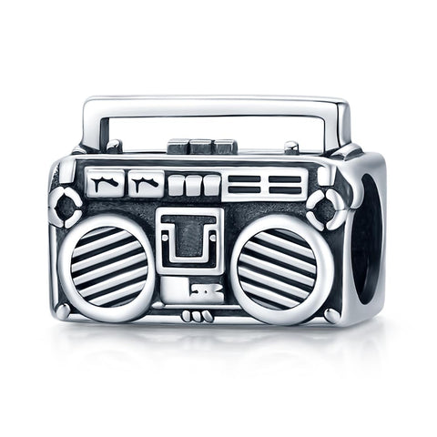 Retro Look Radio Tape Recorder Sterling Silver Bead Charm Bracelet Necklace