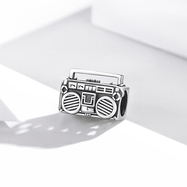 Retro Look Radio Tape Recorder Sterling Silver Bead Charm Bracelet Necklace