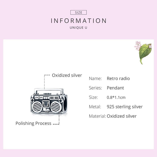 Retro Look Radio Tape Recorder Sterling Silver Bead Charm Bracelet Necklace
