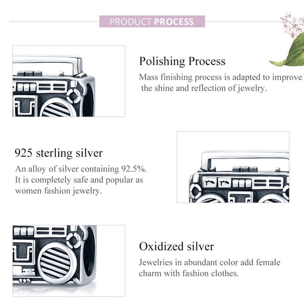 Retro Look Radio Tape Recorder Sterling Silver Bead Charm Bracelet Necklace
