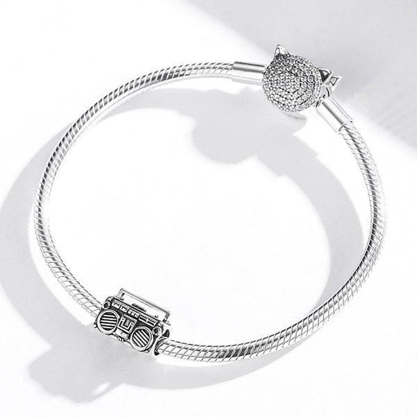 Retro Look Radio Tape Recorder Sterling Silver Bead Charm Bracelet Necklace