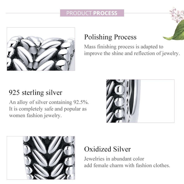 Wheat Ears Sterling Silver Spacer Bead Charm Bracelet Necklace