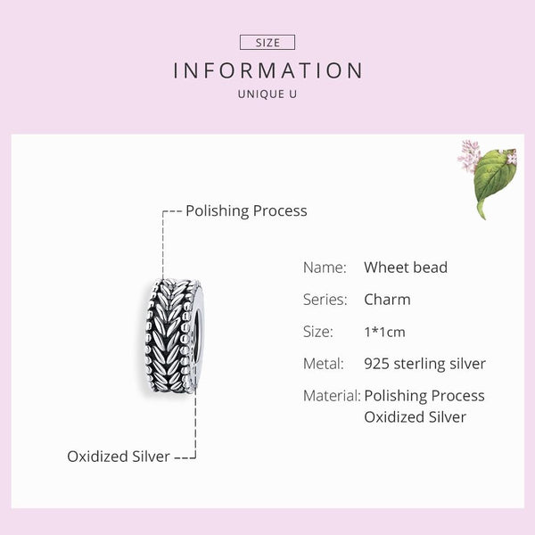 Wheat Ears Sterling Silver Spacer Bead Charm Bracelet Necklace