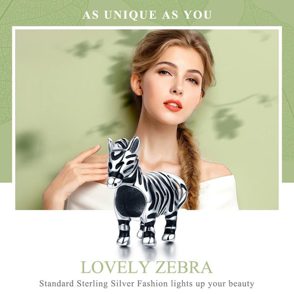 Zebra Enamel Sterling Silver Bead Charm Pendant Bracelet Necklace