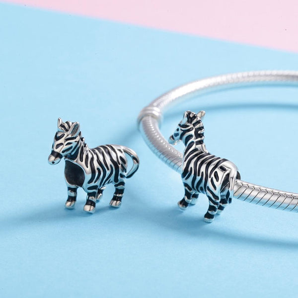 Zebra Enamel Sterling Silver Bead Charm Pendant Bracelet Necklace