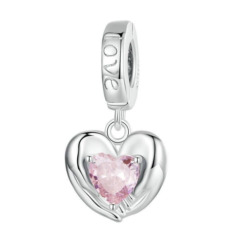 Loving Hands Heart Sterling Silver CZ Bead Charm Bracelet Necklace Pendant