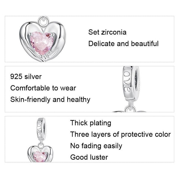 Loving Hands Heart Sterling Silver CZ Bead Charm Bracelet Necklace Pendant