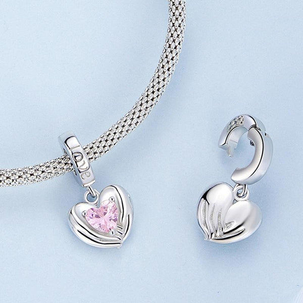 Loving Hands Heart Sterling Silver CZ Bead Charm Bracelet Necklace Pendant