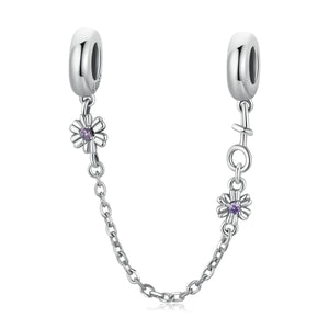 Flowers Sterling Silver Zircon CZ Safety Chain For Bracelet