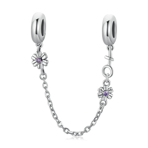 Flowers Sterling Silver Zircon CZ Safety Chain For Bracelet