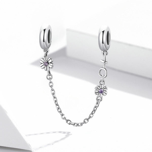 Flowers Sterling Silver Zircon CZ Safety Chain For Bracelet