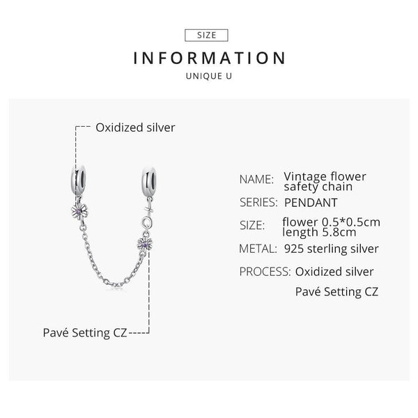 Flowers Sterling Silver Zircon CZ Safety Chain For Bracelet