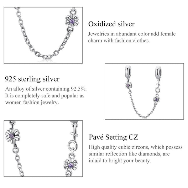 Flowers Sterling Silver Zircon CZ Safety Chain For Bracelet