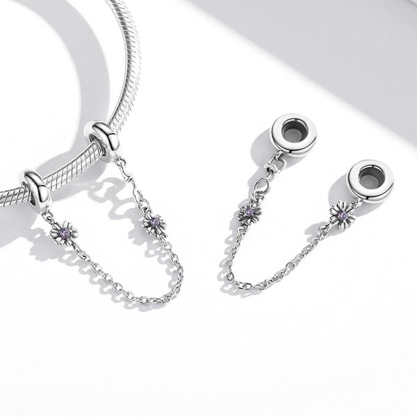 Flowers Sterling Silver Zircon CZ Safety Chain For Bracelet