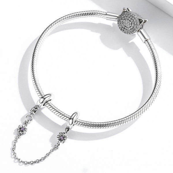 Flowers Sterling Silver Zircon CZ Safety Chain For Bracelet