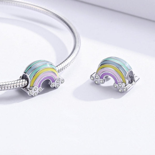 Rainbow Enamel Sterling Silver Zircon CZ Bead Charm Bracelet Necklace Pendant
