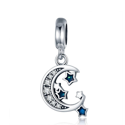 Crescent Moon Stars Sterling Silver Zircon CZ Bead Charm Bracelet Necklace