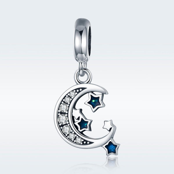 Crescent Moon Stars Sterling Silver Zircon CZ Bead Charm Bracelet Necklace