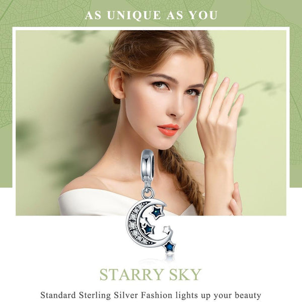 Crescent Moon Stars Sterling Silver Zircon CZ Bead Charm Bracelet Necklace