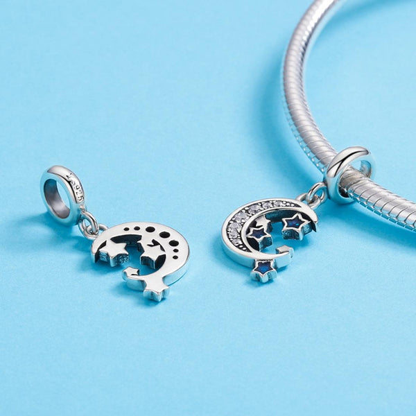 Crescent Moon Stars Sterling Silver Zircon CZ Bead Charm Bracelet Necklace