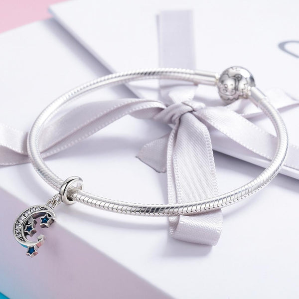 Crescent Moon Stars Sterling Silver Zircon CZ Bead Charm Bracelet Necklace