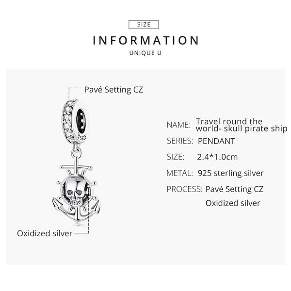 Anchor Skull Pirate Sterling Silver Bead Charm Bracelet Necklace
