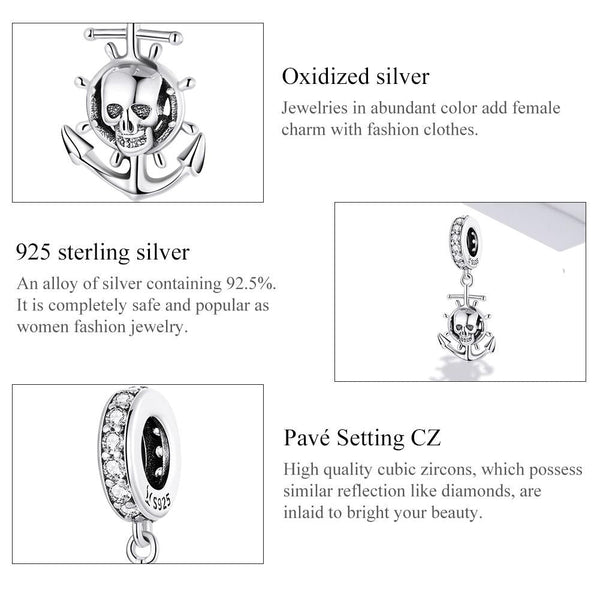 Anchor Skull Pirate Sterling Silver Bead Charm Bracelet Necklace