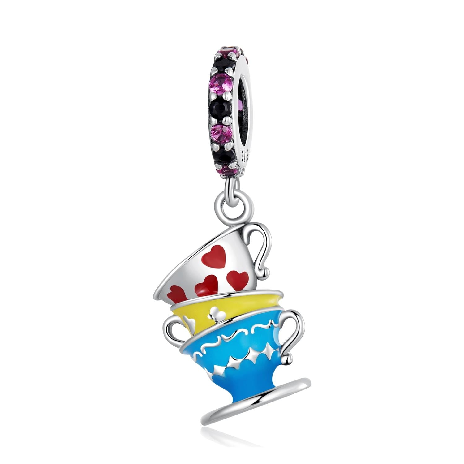 Magic Teacups Enamel Sterling Silver Zircon CZ Bead Charm Bracelet Necklace