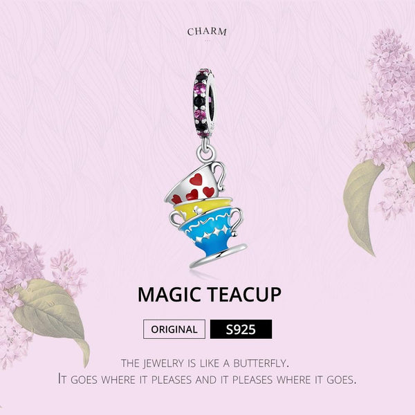 Magic Teacups Enamel Sterling Silver Zircon CZ Bead Charm Bracelet Necklace