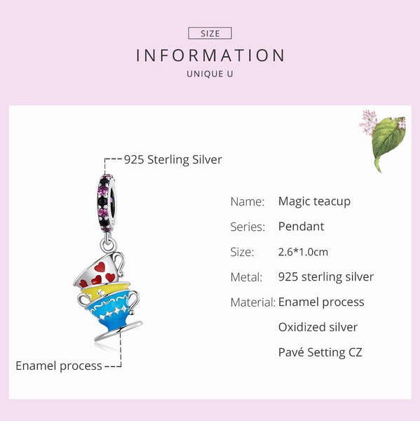 Magic Teacups Enamel Sterling Silver Zircon CZ Bead Charm Bracelet Necklace