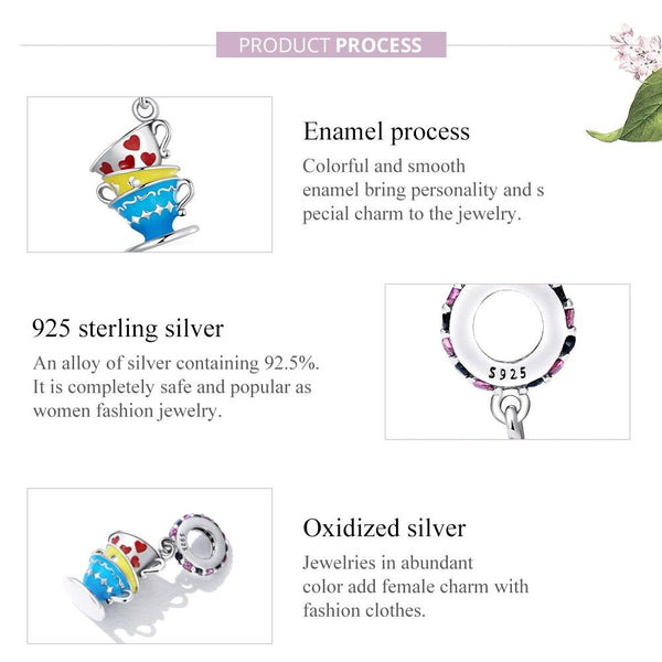 Magic Teacups Enamel Sterling Silver Zircon CZ Bead Charm Bracelet Necklace
