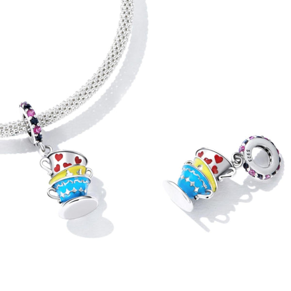 Magic Teacups Enamel Sterling Silver Zircon CZ Bead Charm Bracelet Necklace