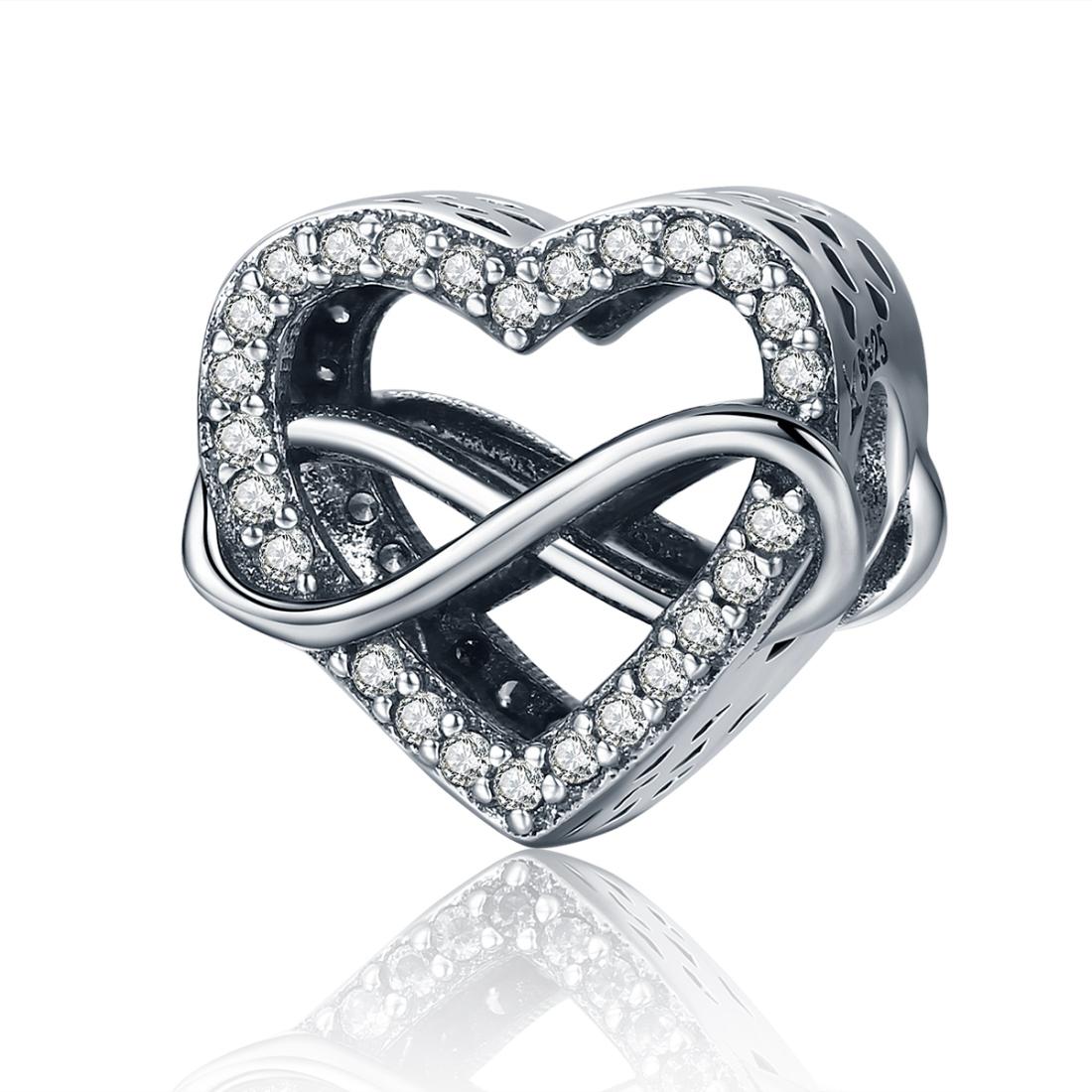 Infinity Love Heart Sterling Silver CZ Bead Charm Pendant Bracelet Necklace