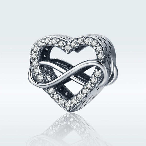 Infinity Love Heart Sterling Silver CZ Bead Charm Pendant Bracelet Necklace