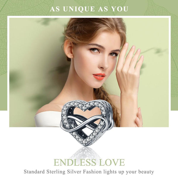 Infinity Love Heart Sterling Silver CZ Bead Charm Pendant Bracelet Necklace