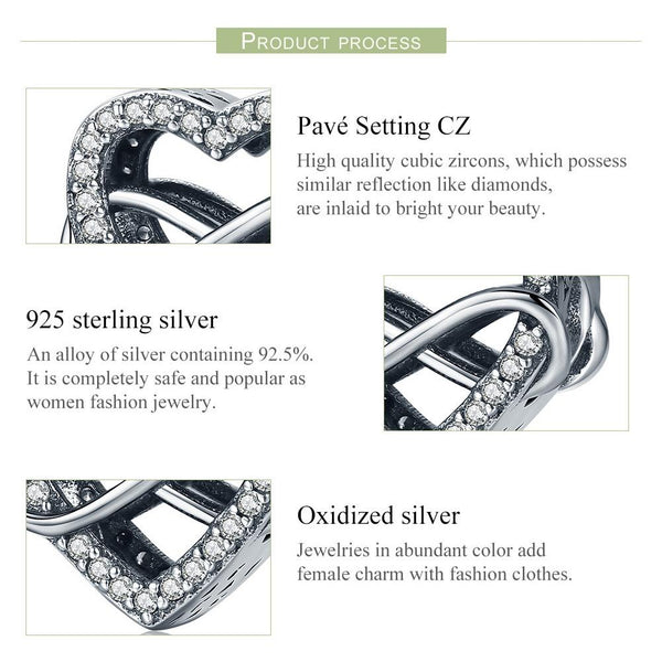 Infinity Love Heart Sterling Silver CZ Bead Charm Pendant Bracelet Necklace