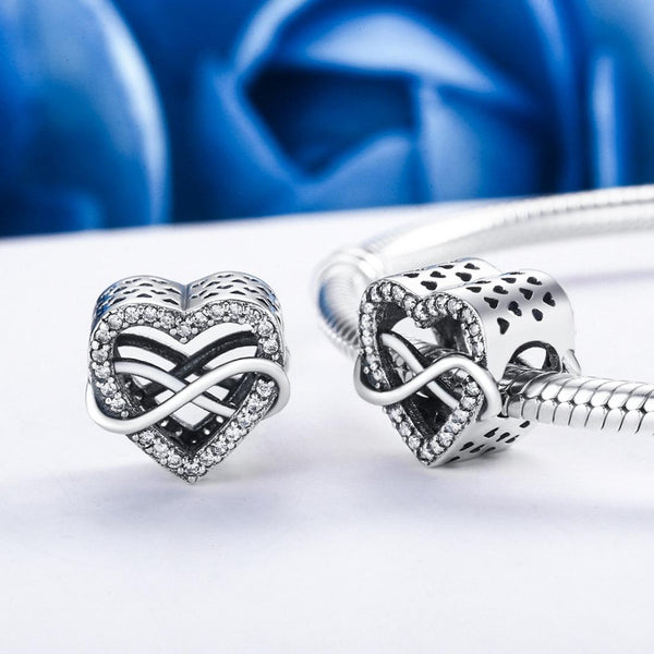 Infinity Love Heart Sterling Silver CZ Bead Charm Pendant Bracelet Necklace