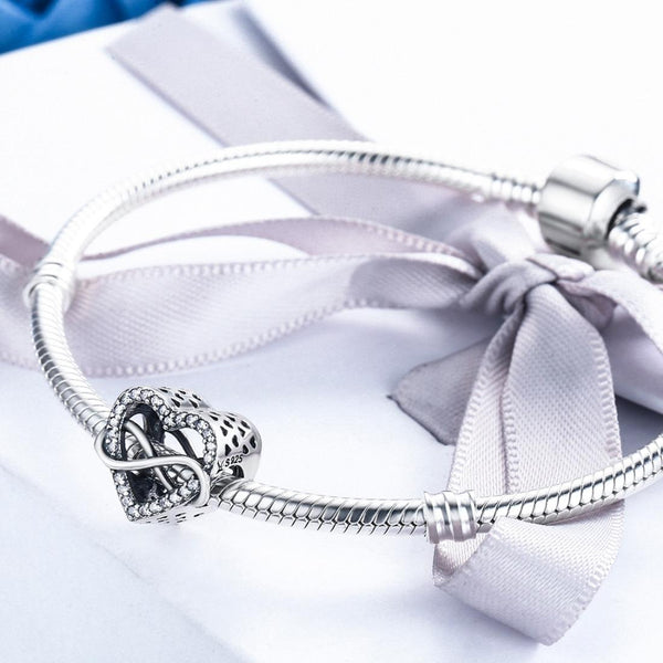 Infinity Love Heart Sterling Silver CZ Bead Charm Pendant Bracelet Necklace