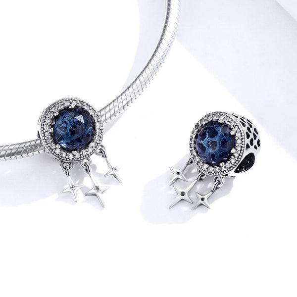 Hanging Stars Blue Glass Sterling Silver Bead Charm Bracelet Necklace