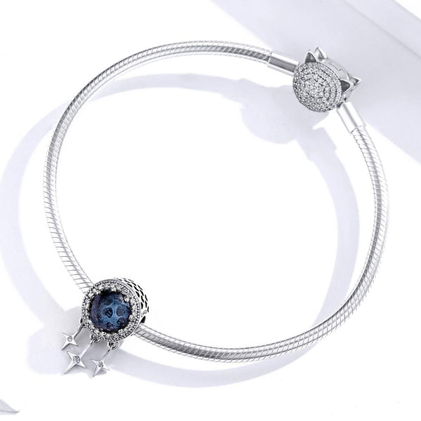 Hanging Stars Blue Glass Sterling Silver Bead Charm Bracelet Necklace