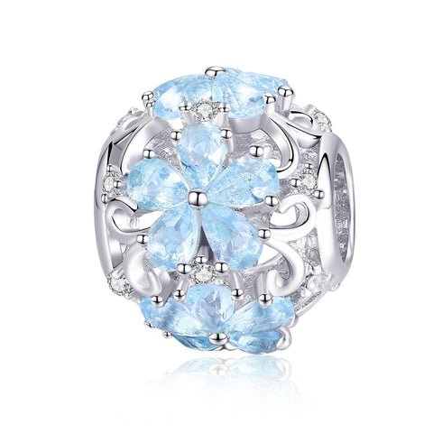 Blue Snowflake Flower Sterling Silver Zircon CZ Bead Charm Bracelet Necklace
