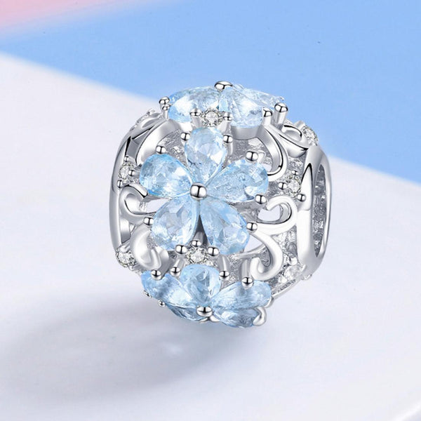 Blue Snowflake Flower Sterling Silver Zircon CZ Bead Charm Bracelet Necklace