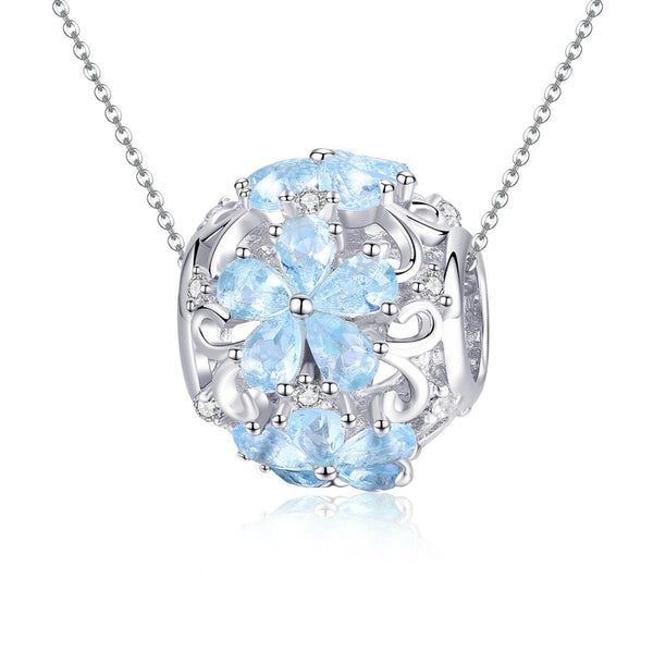 Blue Snowflake Flower Sterling Silver Zircon CZ Bead Charm Bracelet Necklace