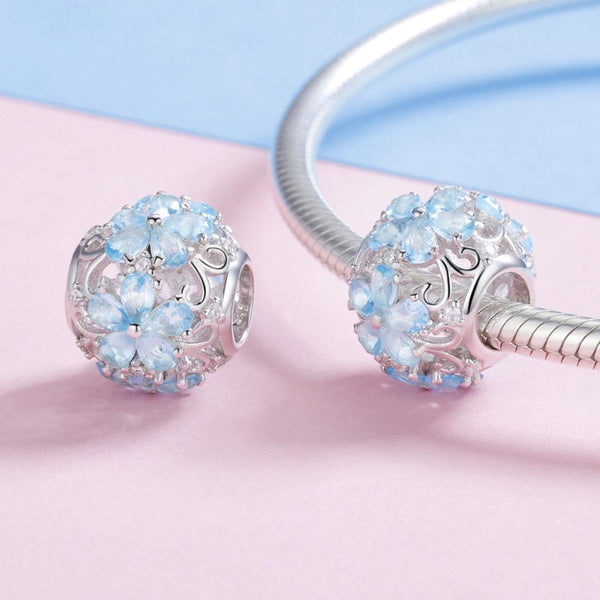 Blue Snowflake Flower Sterling Silver Zircon CZ Bead Charm Bracelet Necklace
