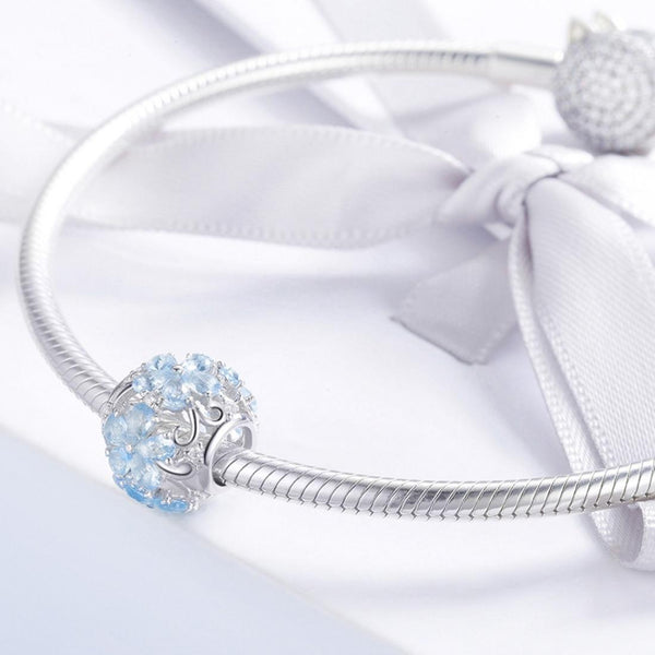 Blue Snowflake Flower Sterling Silver Zircon CZ Bead Charm Bracelet Necklace